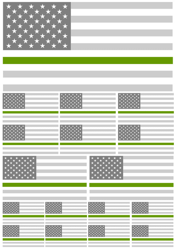 17Pcs Pack USA American Flag Subdued Green Color Line Assorted Sticker Decals