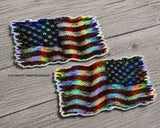 2 Pack Left Right USA American Flag Tattered Distressed Holographic Sticker Decals