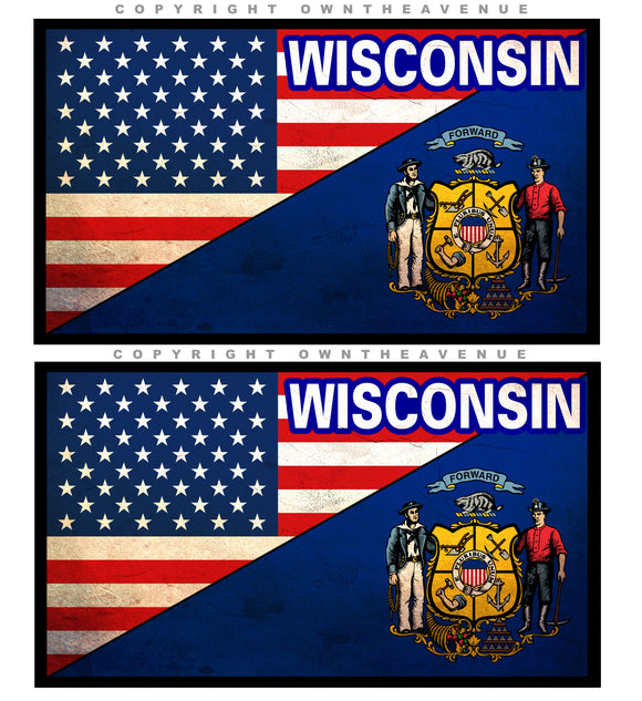 2Pcs USA American Wisconsin Flag Vintage Style Vinyl Sticker Decals 3.75