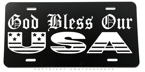 God Bless Our USA American Flag White Art Metal License Plate - OwnTheAvenue
