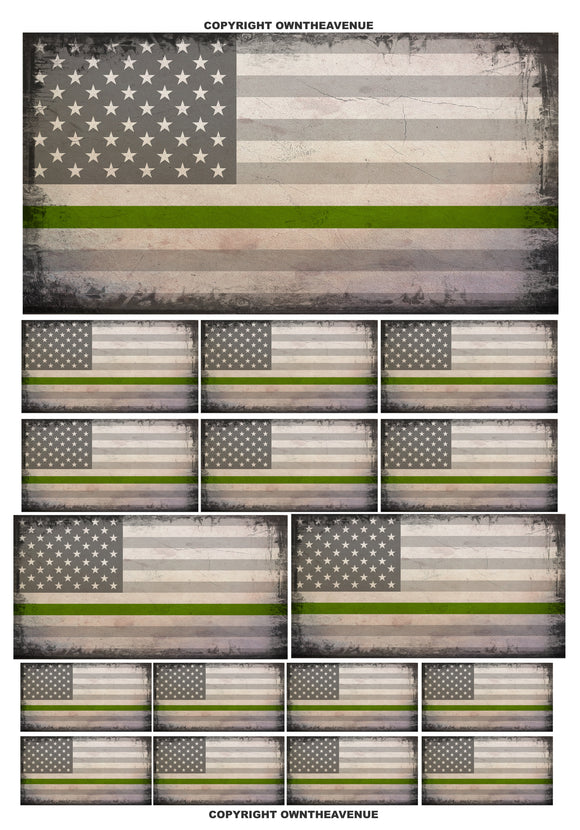 17Pcs Distressed USA American Green Color Line Flag Assorted Sticker Decals