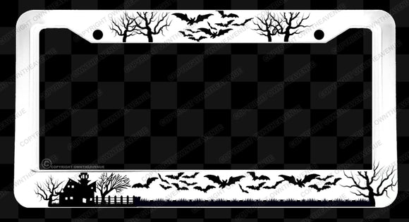 Haunted House Spooky Bats Gothic Goth White License Plate Frame