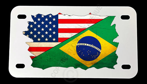 Brazil USA American Vintage Style Flag Motorcycle Metal License Plate - OwnTheAvenue