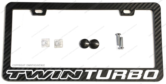 Twin Turbo White Art Work Carbon Fiber Racing License Plate Frame - OwnTheAvenue