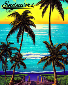 Welcome To Endeavors247 Paradise Beach Palm Trees Ocean Sunset Sticker Decal 4" - OwnTheAvenue