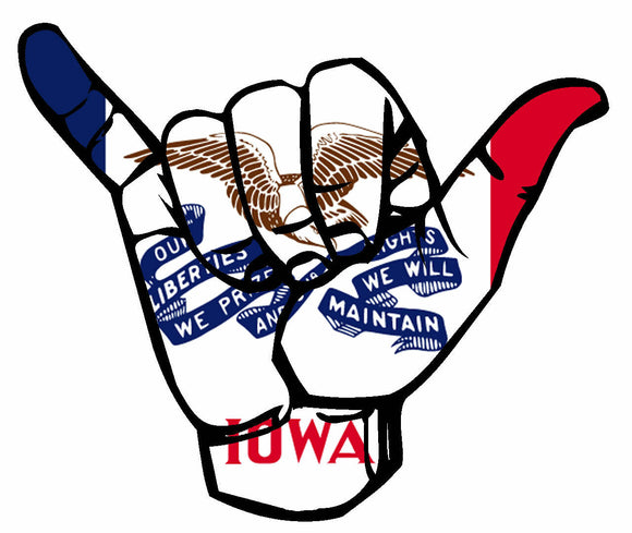 Iowa IA Flag Shaka Hang Loose Surfs Up Funny Vinyl Sticker