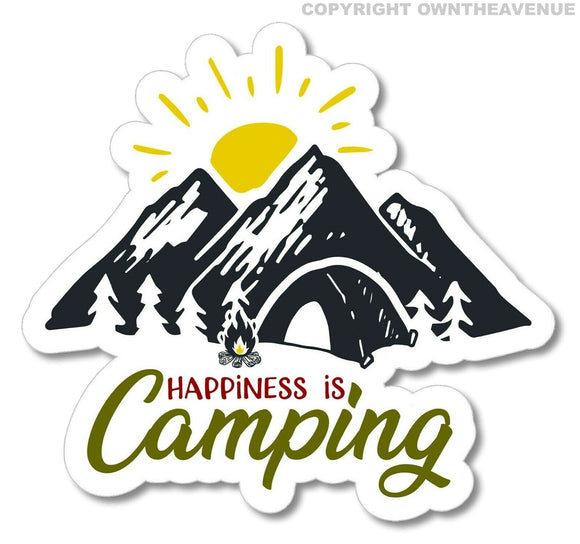 Happiness Is Camping Mountains Tent Hiking Car Bumper Vinyl Decal Sticker 3.5