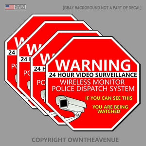 Warning 24 Hour Video Surveillance Security Sticker Red Decal 4 Pack