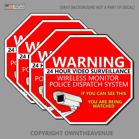 Warning 24 Hour Video Surveillance Security Sticker Red Decal 4 Pack
