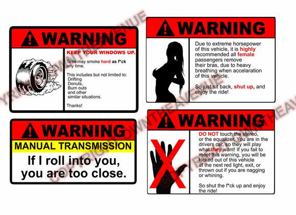 Warning Sticker Pack Lot of Four JDM Funny Vinyl Decal Stickers (Warning4PK) - OwnTheAvenue
