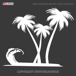 Palm Trees And Wave Sticker Beach Ocean Car Window Truck Decal 5" White