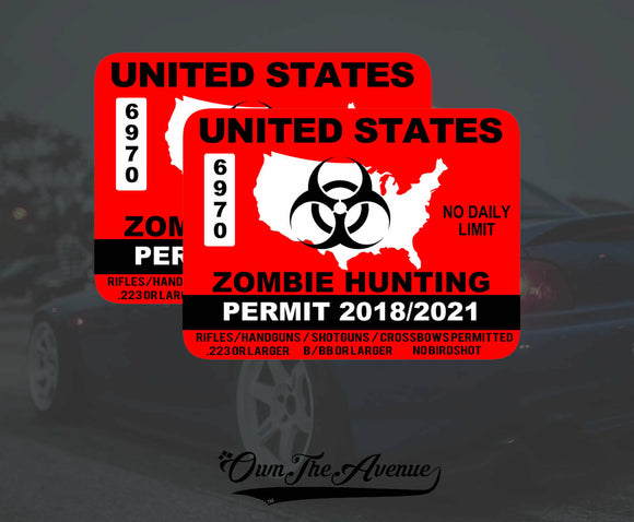 x2 United States Zombie Hunting Permit Sticker Decal Zombie Outbreak USA - OwnTheAvenue