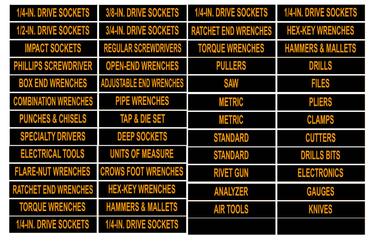 Labels for Tool Box or Storage Unit Organize Vinyl Decal Stickers