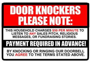 No Soliciting sign Decal Sticker $50 per minute Door Knockers Funny window 9.3"