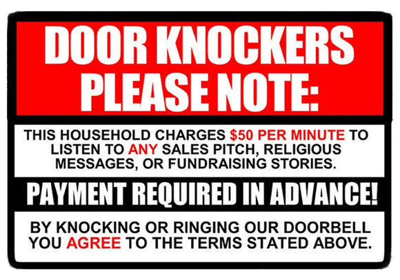 No Soliciting sign Decal Sticker $50 per minute Door Knockers Funny window 9.3