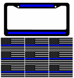 Reflective Thin Blue Line License Plate Frame w/ Blueline Flag Decal Stickers 5" - OwnTheAvenue