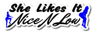 She Likes It Nice N Low Funny Lowered JDM Drifting Racing Drag Decal Sticker 6"