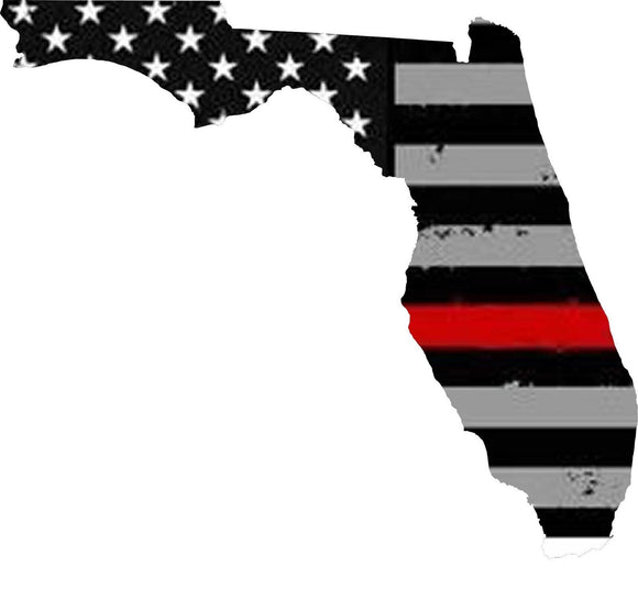 Florida FL State Outline Red Line Flag Support Firefighters Vinyl Sticker