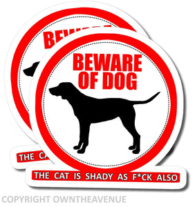 x2 Beware Of Dog Cat Sticker Decal Funny Joke Rude Silly Car House Door Warning