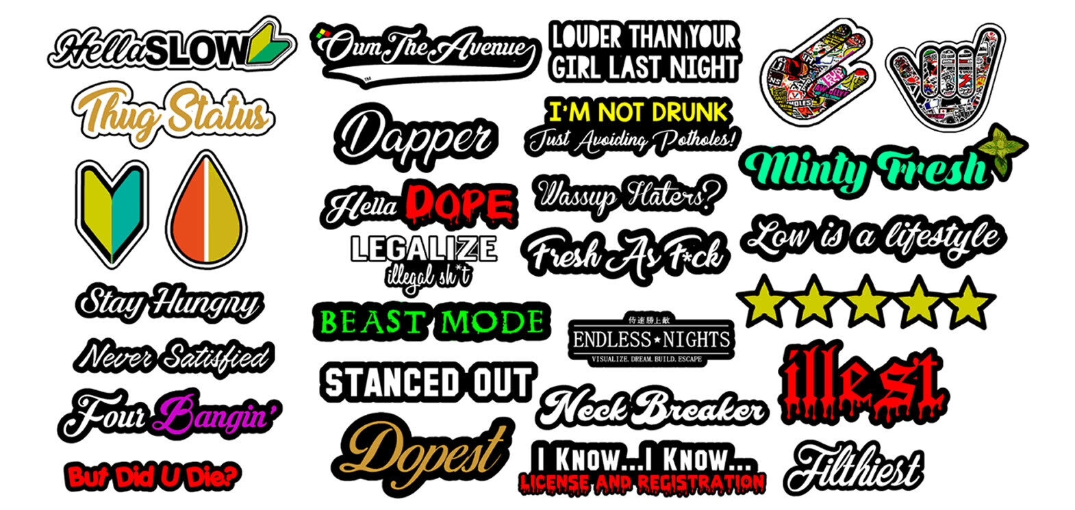 120+ JDM Drifting Racing Funny Wholesale Pack Lot of Vinyl Sticker Decals -  Model: 927489 | OwnTheAvenue, image size:1570x745