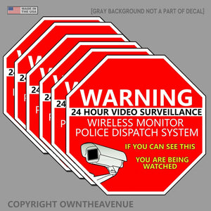 Warning 24 Hour Video Surveillance Security Sticker Red Decal 6 Pack