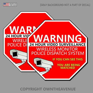 Warning 24 Hour Video Surveillance Security Stickers Red Decal 2 Pack