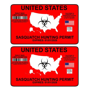 Two Pack Sasquatch Bigfoot Hunting Permit Funny Auto Car Decal Sticker 5"