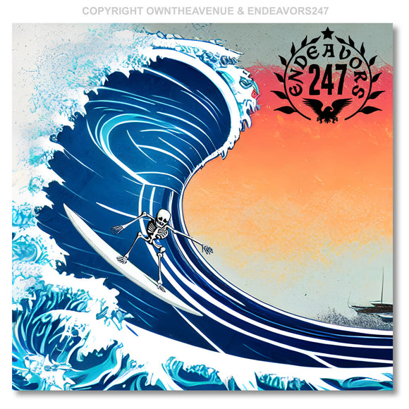 Endeavors247 Skeleton Dropping Into The Sunset Barrel Surfing Surf Sticker Decal
