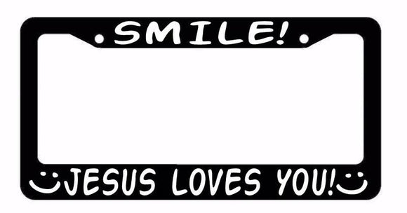 SMILE! Jesus Loves You Christian Religion Christ Funny License Plate Frame - OwnTheAvenue
