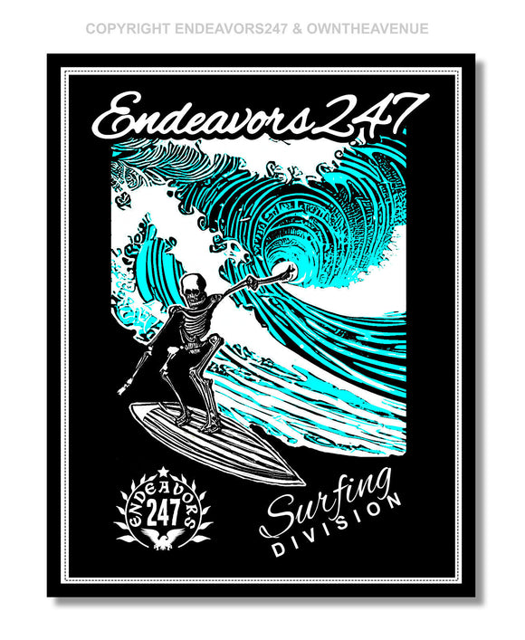 Endeavors247 Skeleton Surfing The Blue Oceans Surf Beach Ocean Wave Sticker - OwnTheAvenue