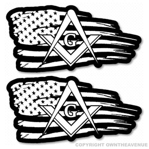 2 Freemason American Flag USA Distressed Masonic Mason Compass Sticker Decals - 4" Inches Long Each