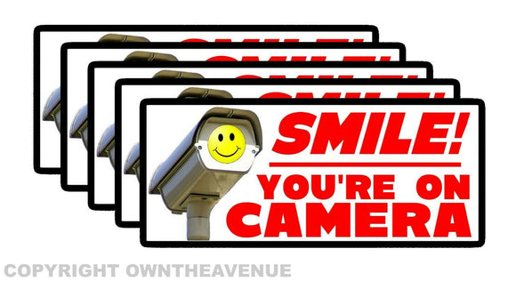 5 Pack Smile you're on camera video security system warning alarm vinyl decal sticker - Measures 3