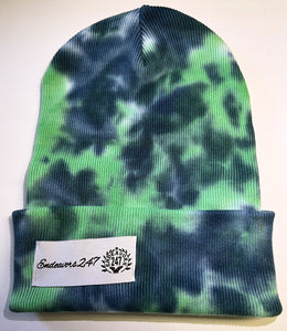 Blue / Green Acid Wash Tie Dye Beanie With White Hem - One Size