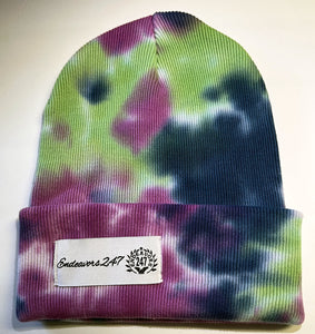 Purple/Blue/Green Acid Wash Tie Dye Beanie With White Hem - One Size