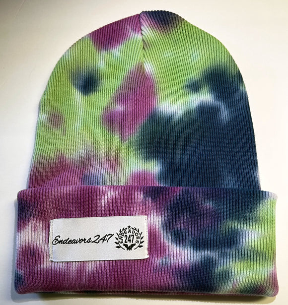 Purple/Blue/Green Acid Wash Tie Dye Beanie With White Hem - One Size - OwnTheAvenue